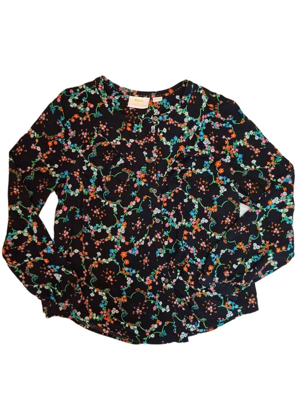 Maeve  By Anthropologie Black Floral Rayon Button Down Boho Chic Blouse Size M